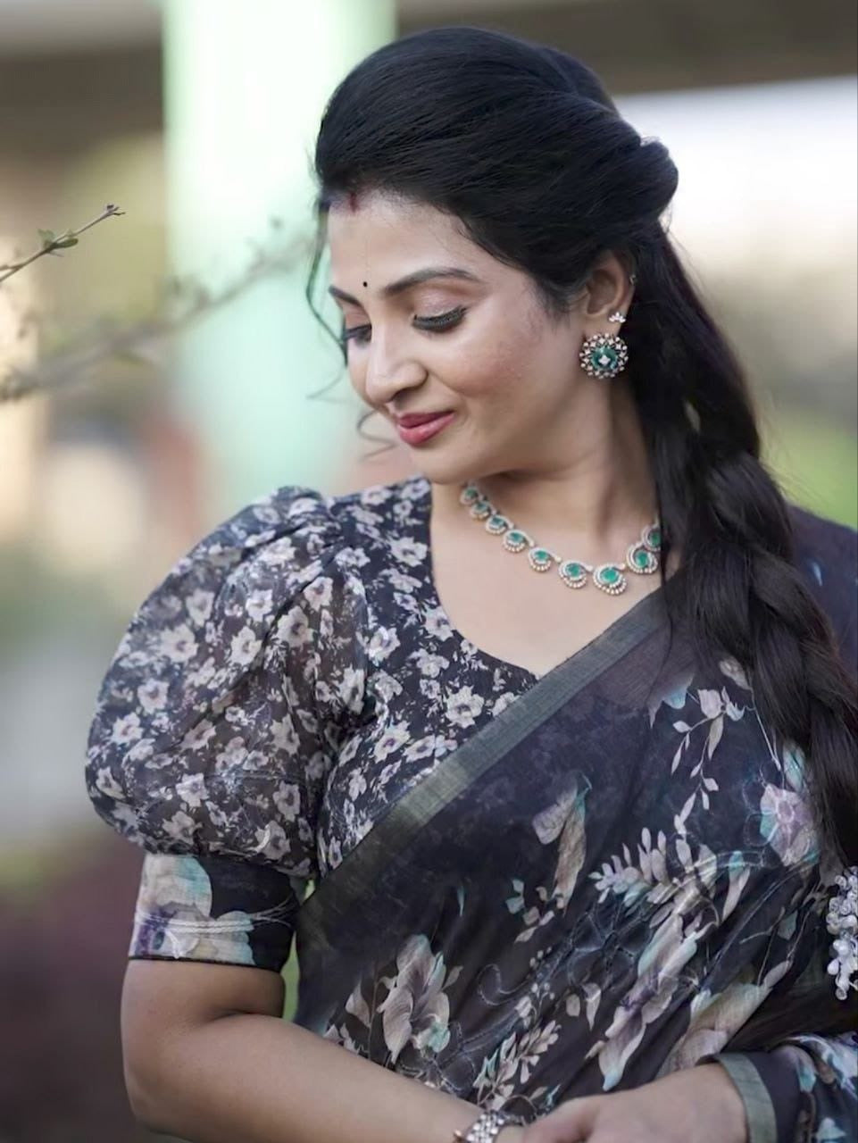 Dark Blue Cotton Linen Printed Saree With Blouse Piece  - Magnite (SE-1109)