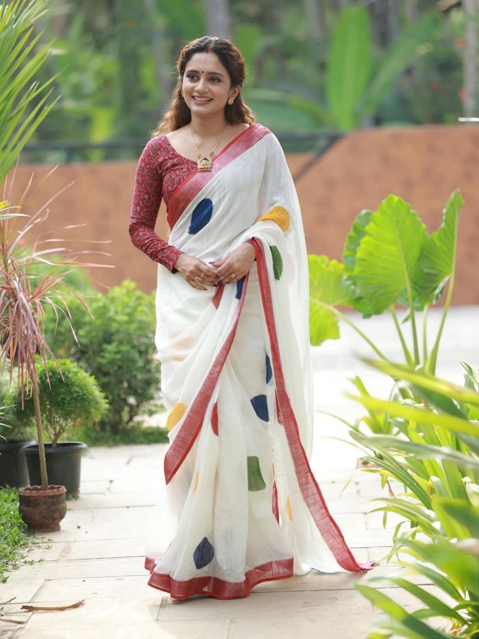 White Multicolor Polka Cotton Linen Saree with Red Border  - Magnite (SE-1110)