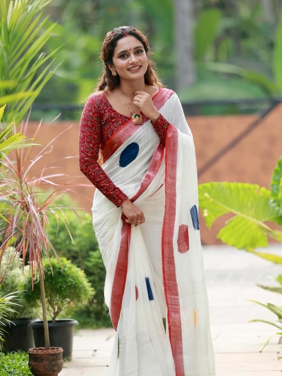 White Multicolor Polka Cotton Linen Saree with Red Border  - Magnite (SE-1110)