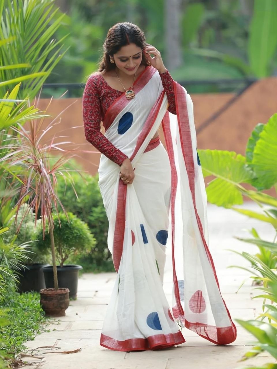 White Multicolor Polka Cotton Linen Saree with Red Border  - Magnite (SE-1110)