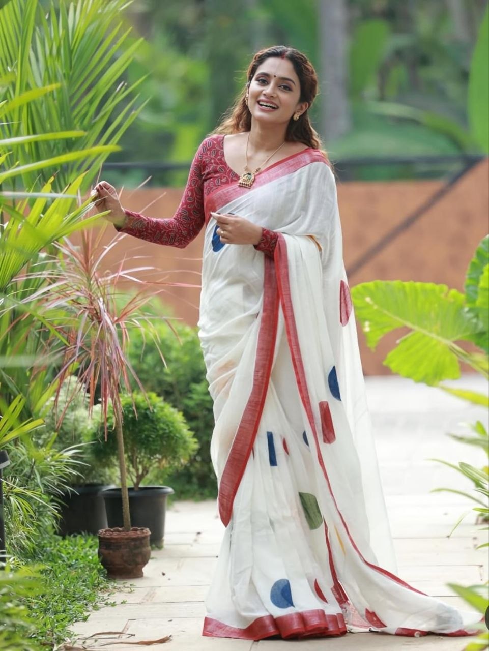 White Multicolor Polka Cotton Linen Saree with Red Border  - Magnite (SE-1110)