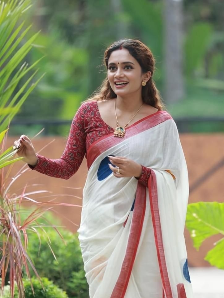 White Multicolor Polka Cotton Linen Saree with Red Border  - Magnite (SE-1110)