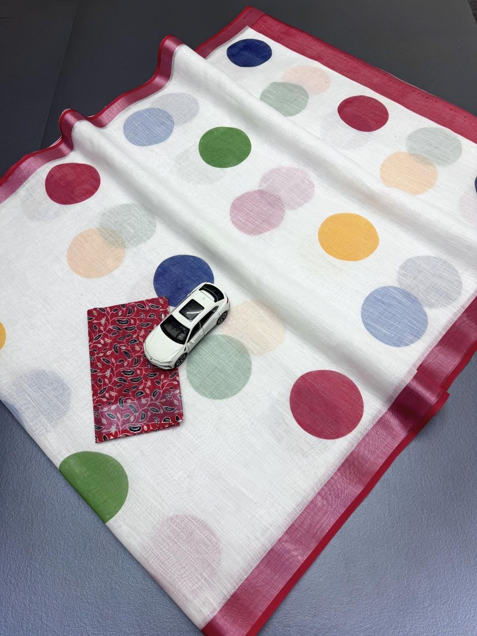 White Multicolor Polka Cotton Linen Saree with Red Border  - Magnite (SE-1110)