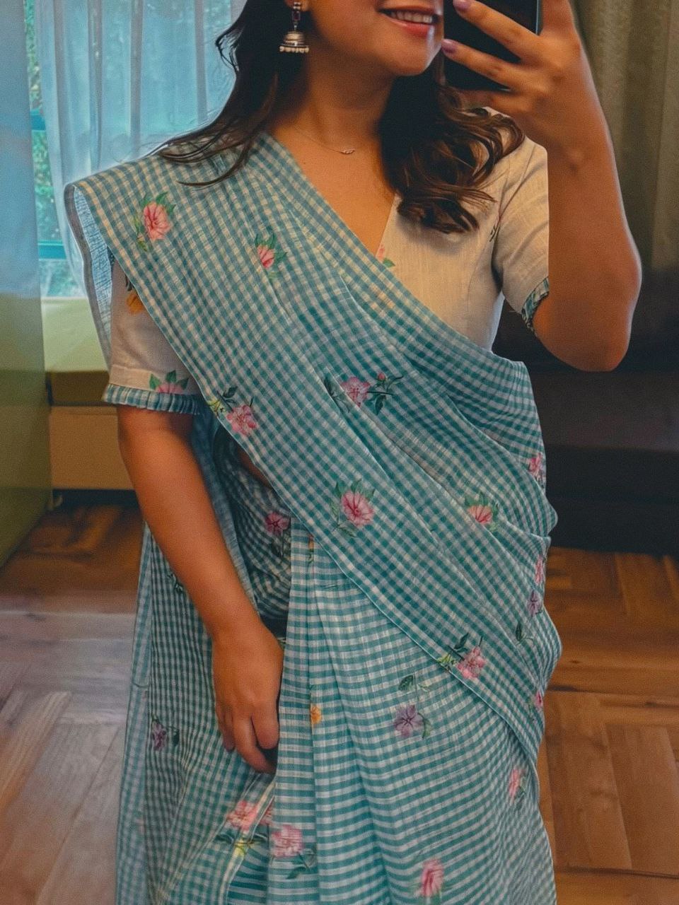 Teal White Checked Floral Cotton Linen Saree with Blouse Piece - Magnite (SE-1112)