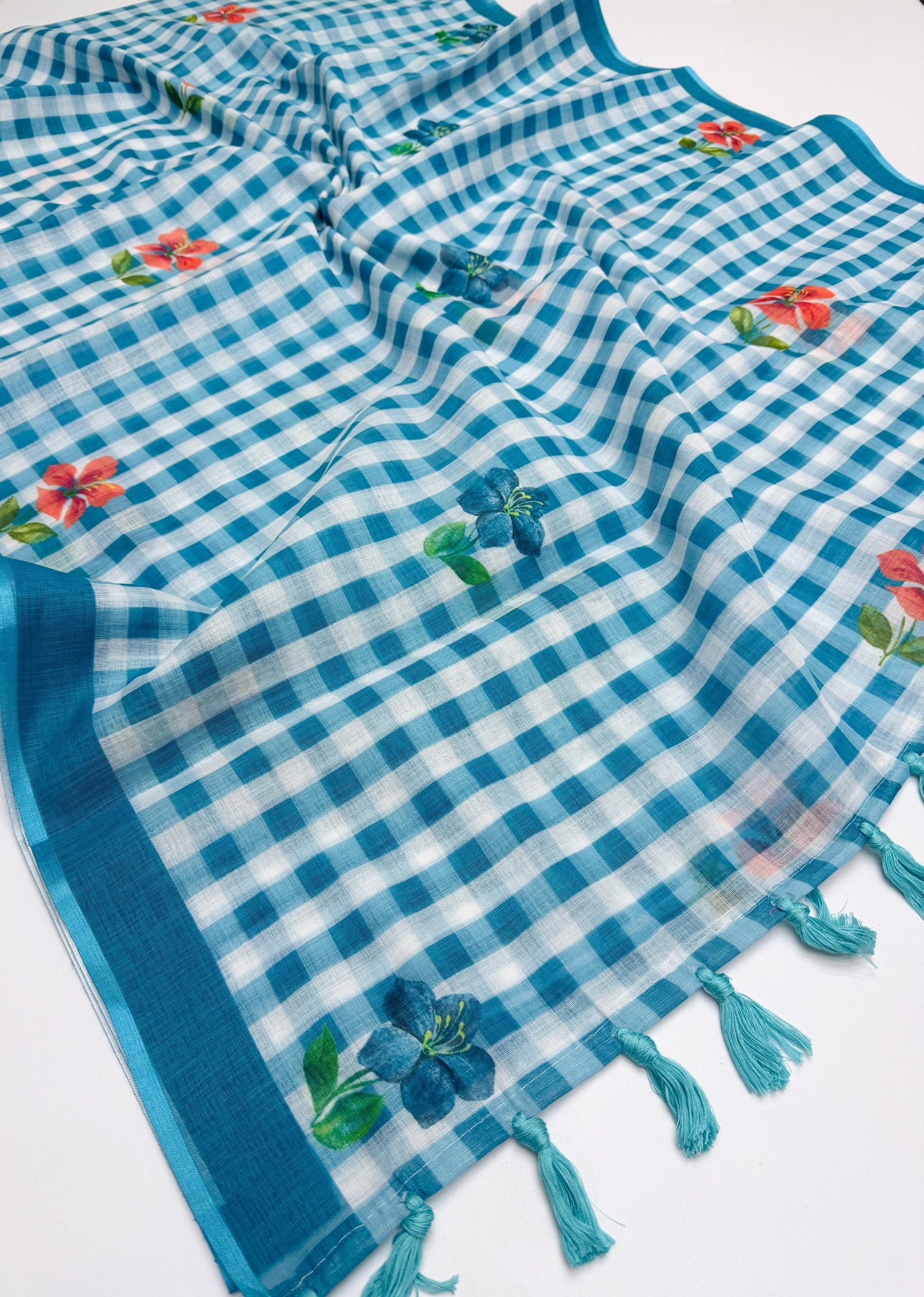 Teal White Checked Floral Cotton Linen Saree with Blouse Piece - Magnite (SE-1112)