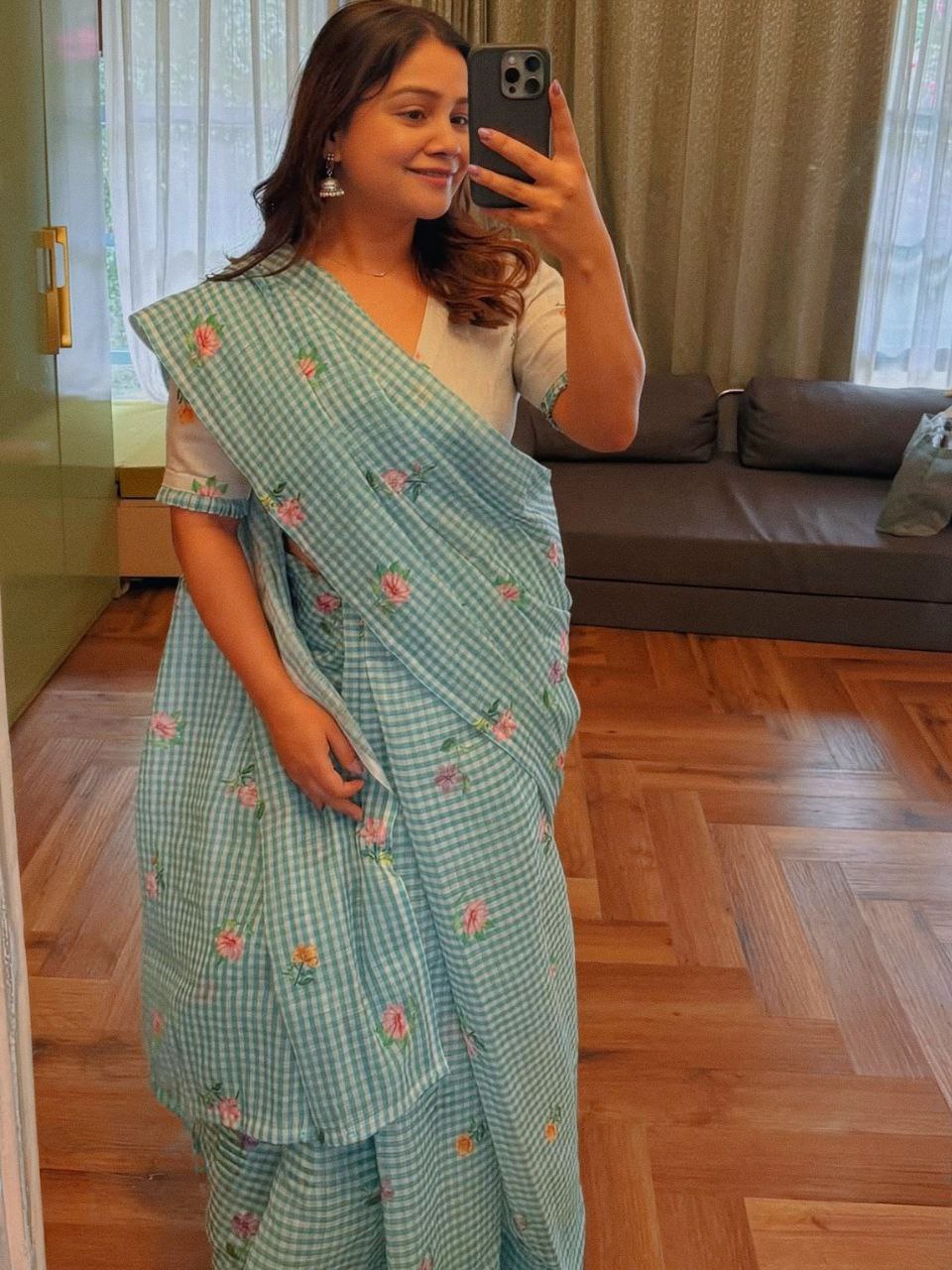 Teal White Checked Floral Cotton Linen Saree with Blouse Piece - Magnite (SE-1112)