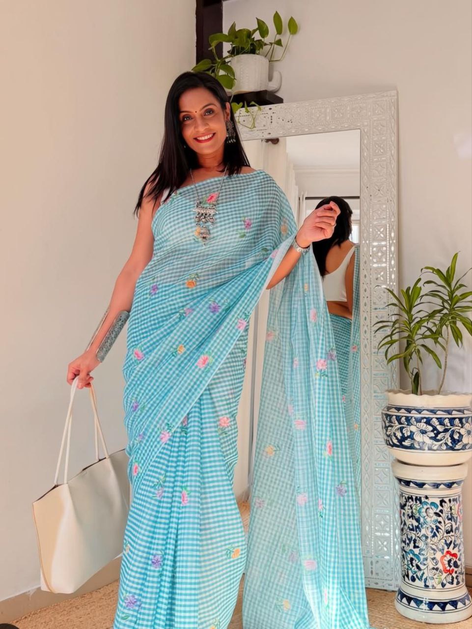 Teal White Checked Floral Cotton Linen Saree with Blouse Piece - Magnite (SE-1112)