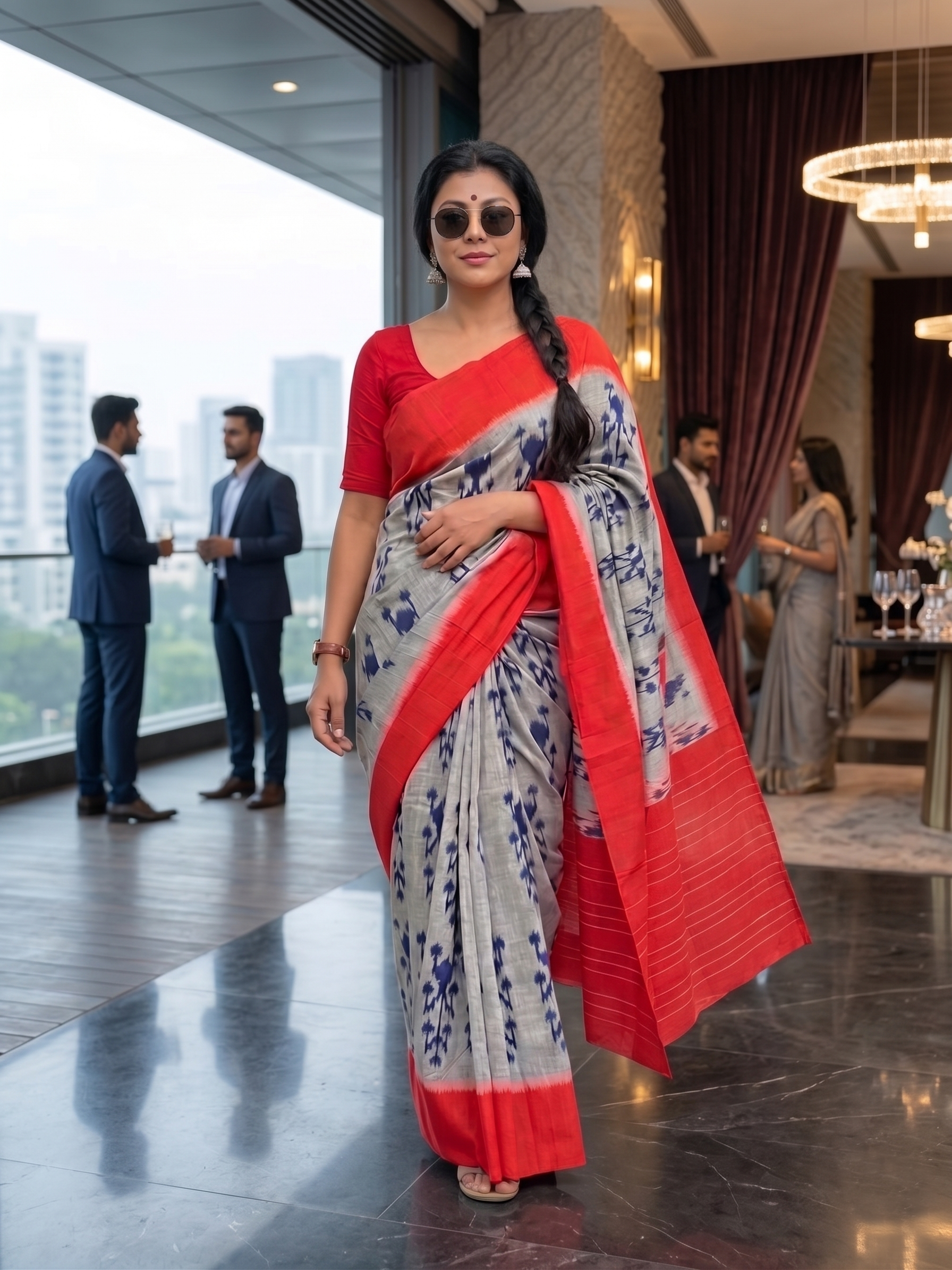 Red Grey Floral Cotton Linen Saree with Contrast Border – Magnite (SE-1114)