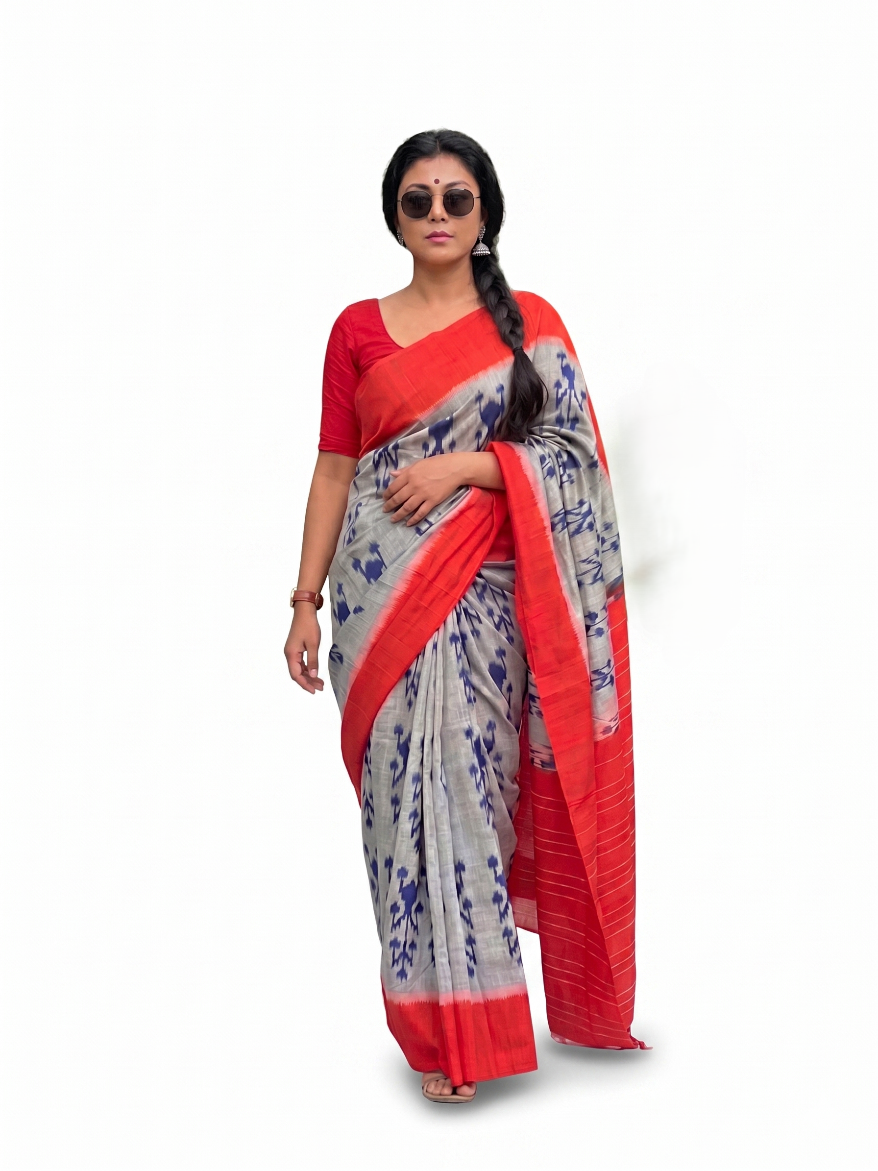 Red Grey Floral Cotton Linen Saree with Contrast Border – Magnite (SE-1114)
