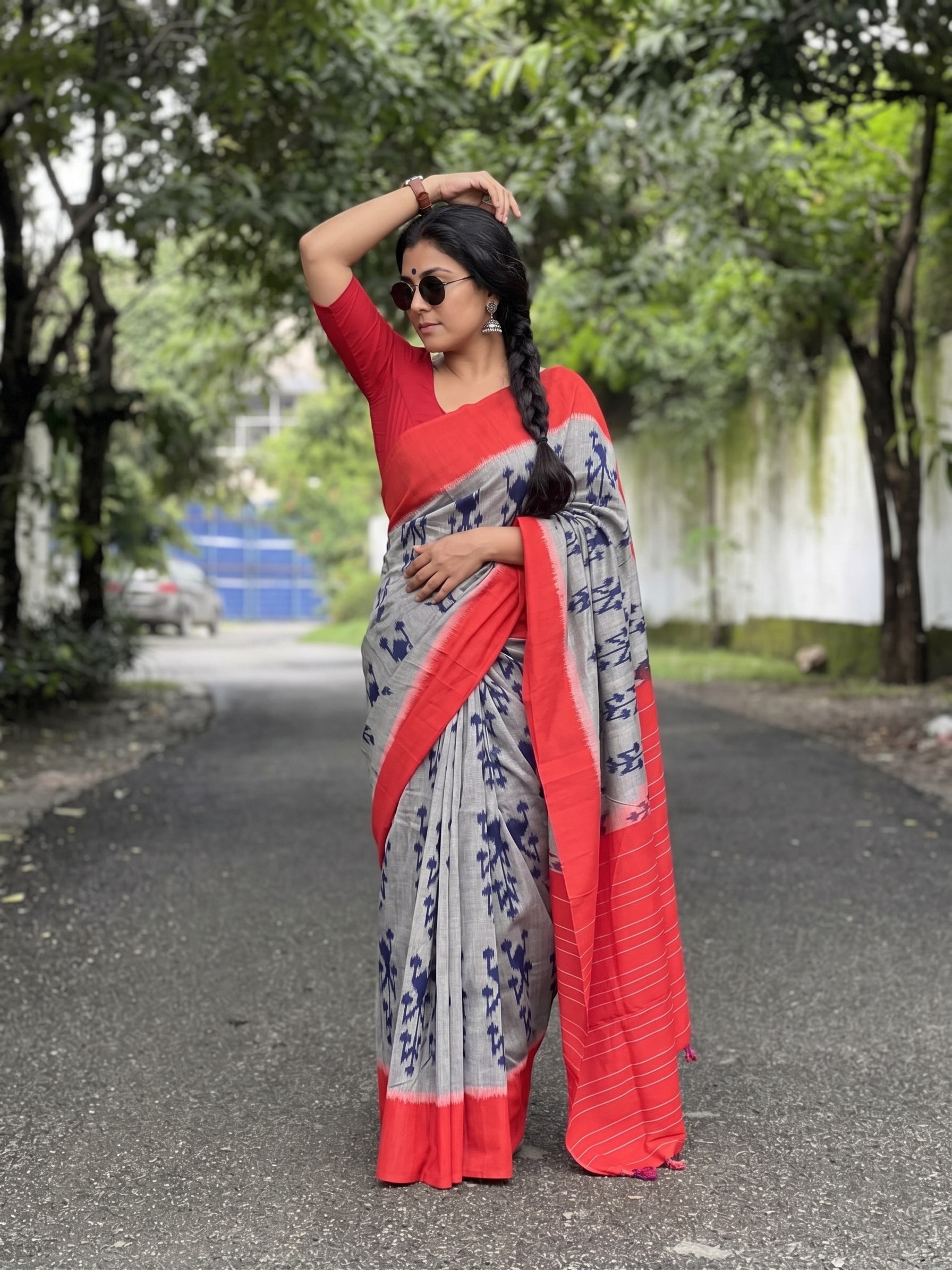 Red Grey Floral Cotton Linen Saree with Contrast Border – Magnite (SE-1114)