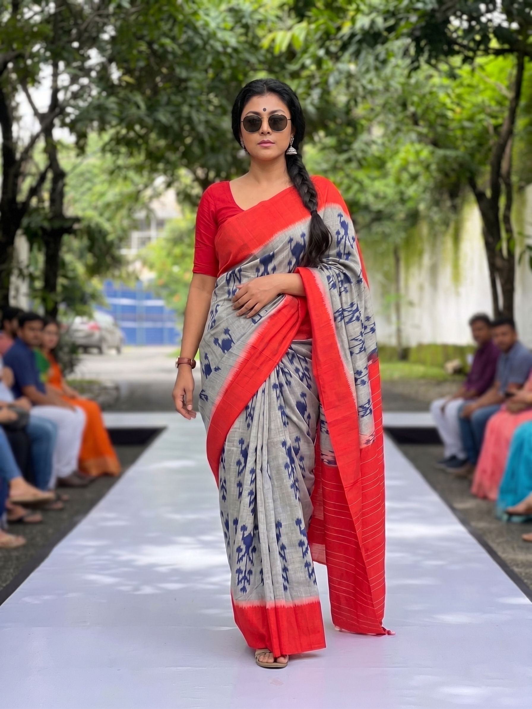 Red Grey Floral Cotton Linen Saree with Contrast Border – Magnite (SE-1114)