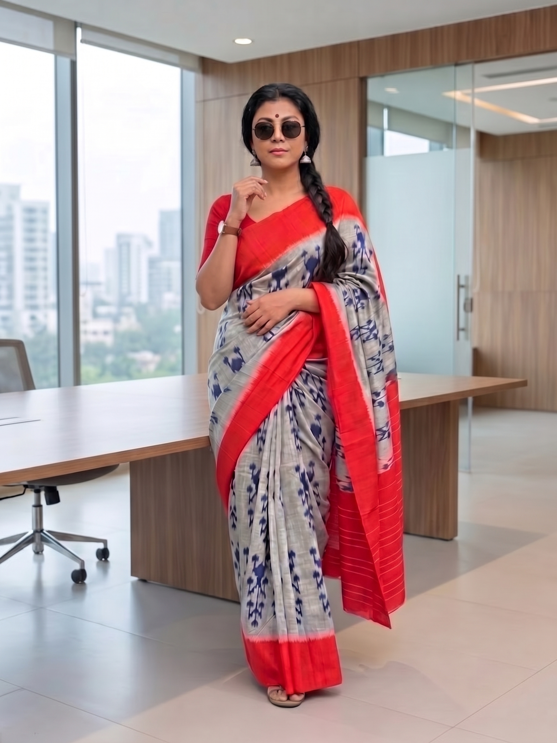 Red Grey Floral Cotton Linen Saree with Contrast Border – Magnite (SE-1114)