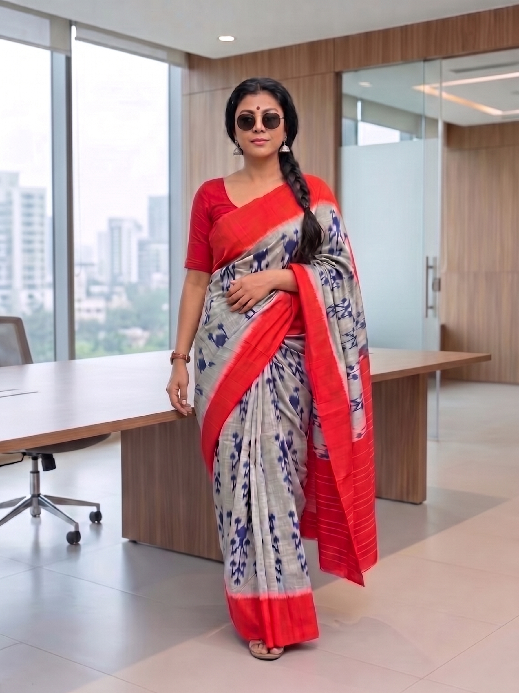 Red Grey Floral Cotton Linen Saree with Contrast Border – Magnite (SE-1114)