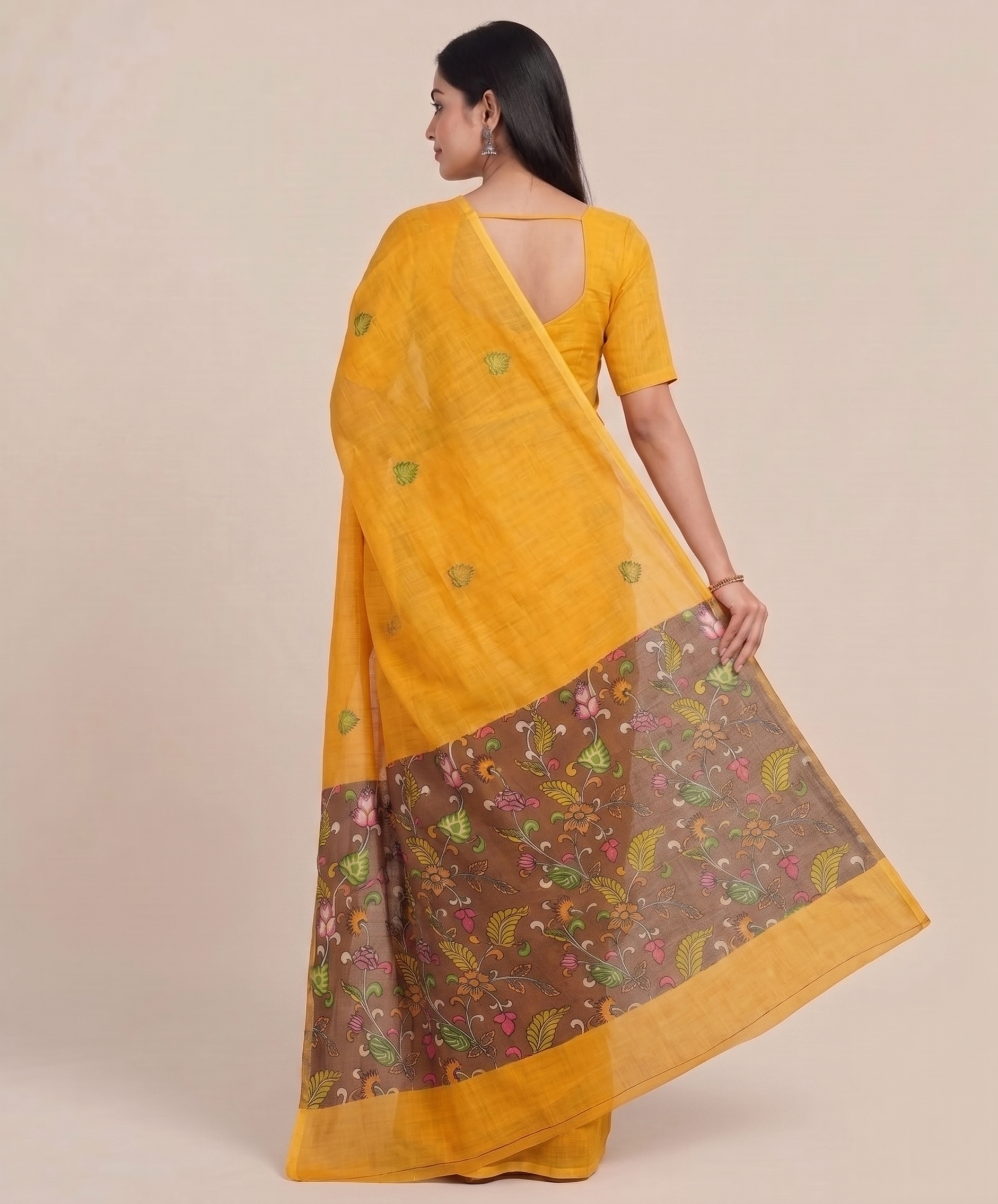Yellow Floral Border Cotton Linen Saree with Printed Pallu – Magnite (SE-1115)
