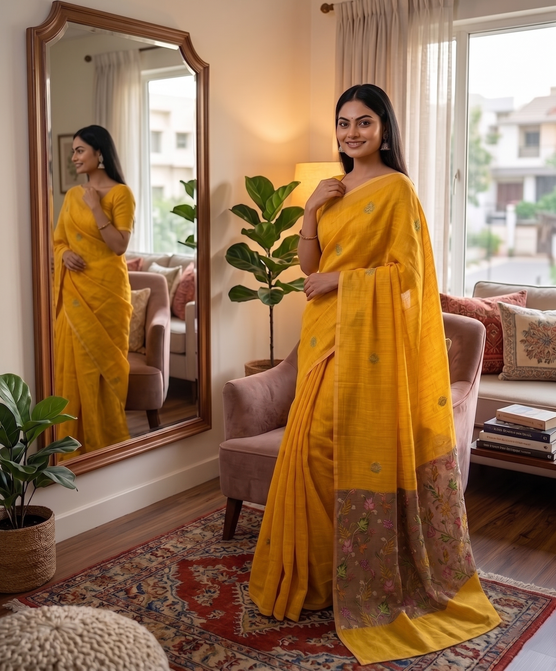 Yellow Floral Border Cotton Linen Saree with Printed Pallu – Magnite (SE-1115)