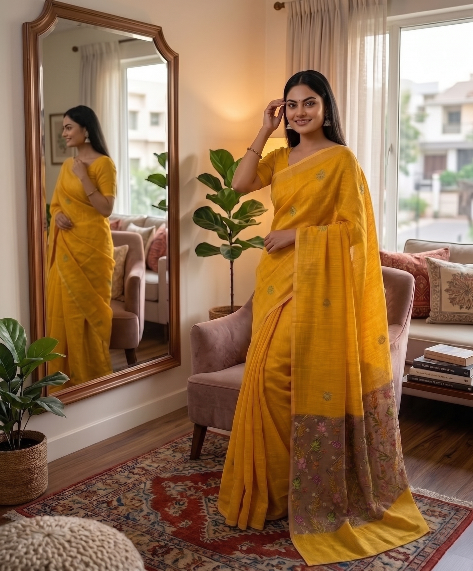 Yellow Floral Border Cotton Linen Saree with Printed Pallu – Magnite (SE-1115)