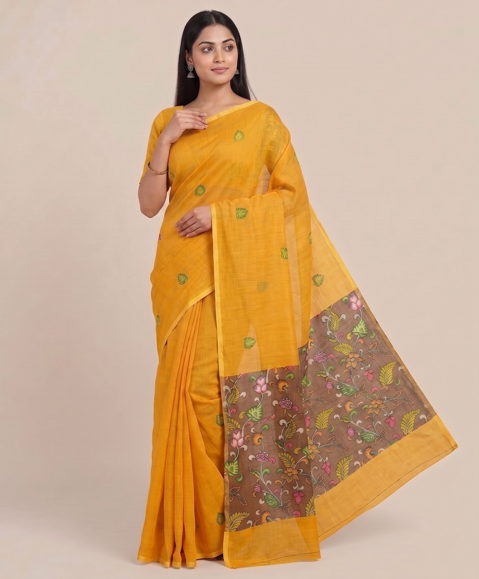 Yellow Floral Border Cotton Linen Saree with Printed Pallu – Magnite (SE-1115)