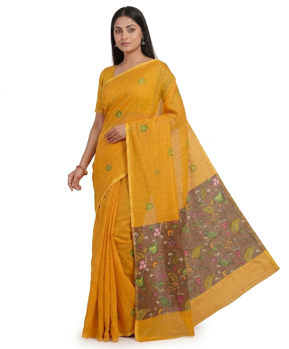 Yellow Floral Border Cotton Linen Saree with Printed Pallu – Magnite (SE-1115)