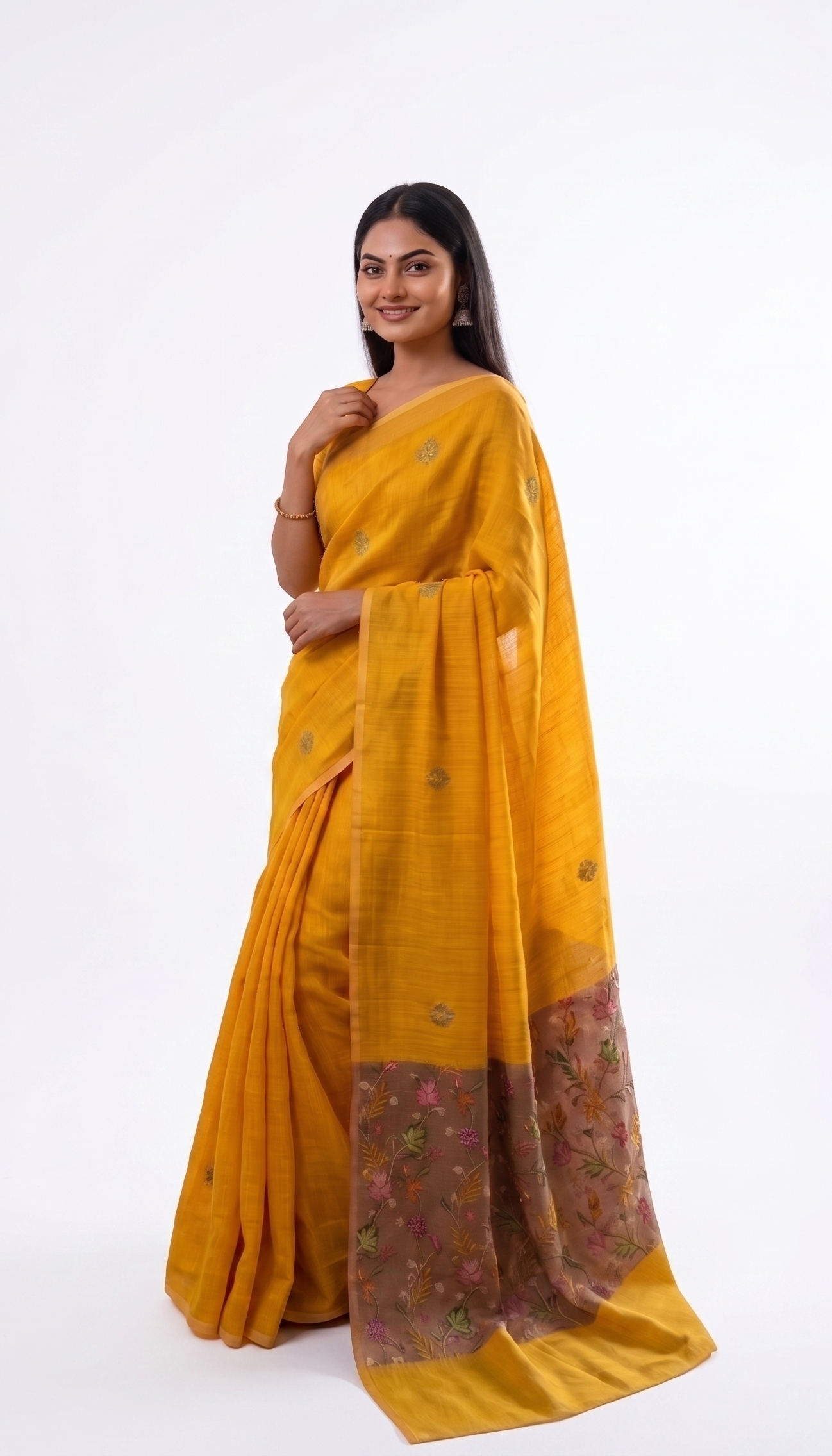 Yellow Floral Border Cotton Linen Saree with Printed Pallu – Magnite (SE-1115)