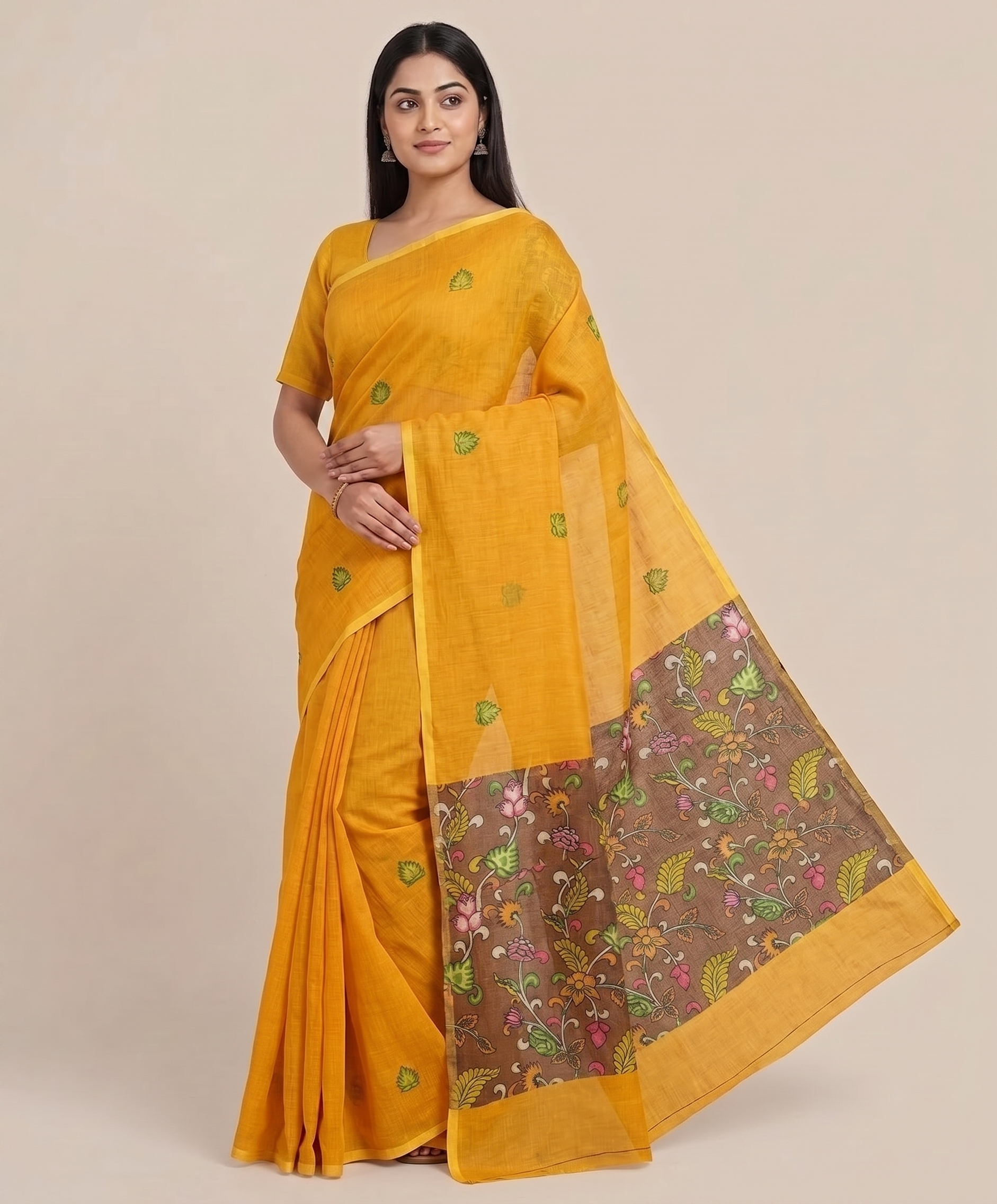 Yellow Floral Border Cotton Linen Saree with Printed Pallu – Magnite (SE-1115)