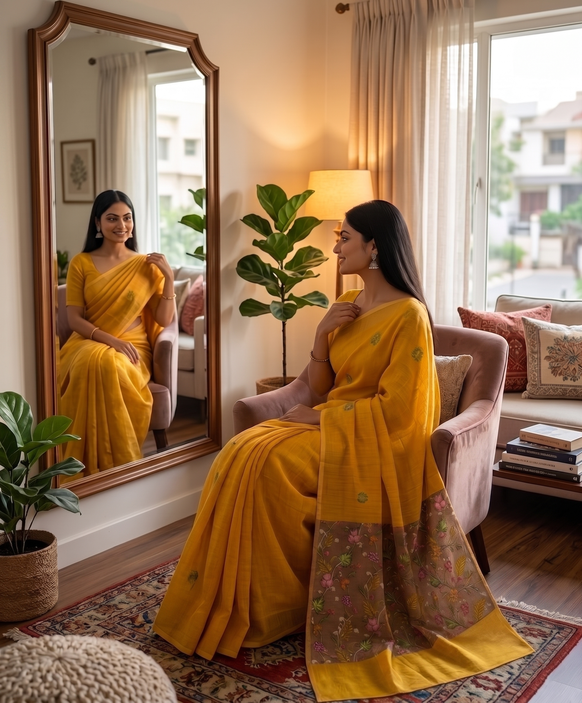 Yellow Floral Border Cotton Linen Saree with Printed Pallu – Magnite (SE-1115)