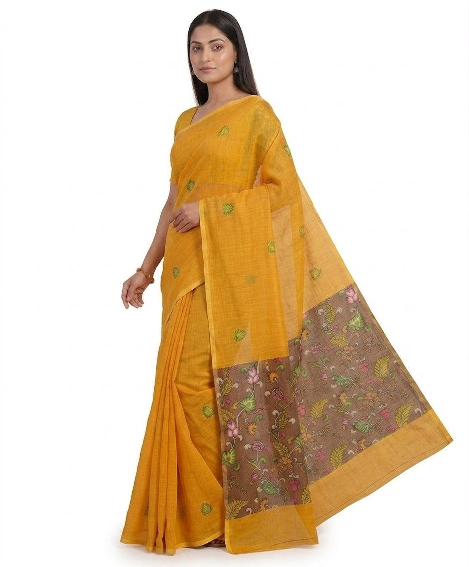 Yellow Floral Border Cotton Linen Saree with Printed Pallu – Magnite (SE-1115)