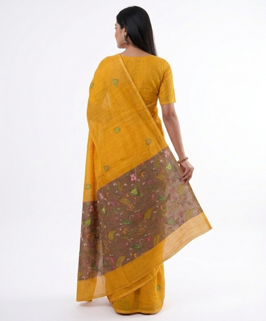 Yellow Floral Border Cotton Linen Saree with Printed Pallu – Magnite (SE-1115)