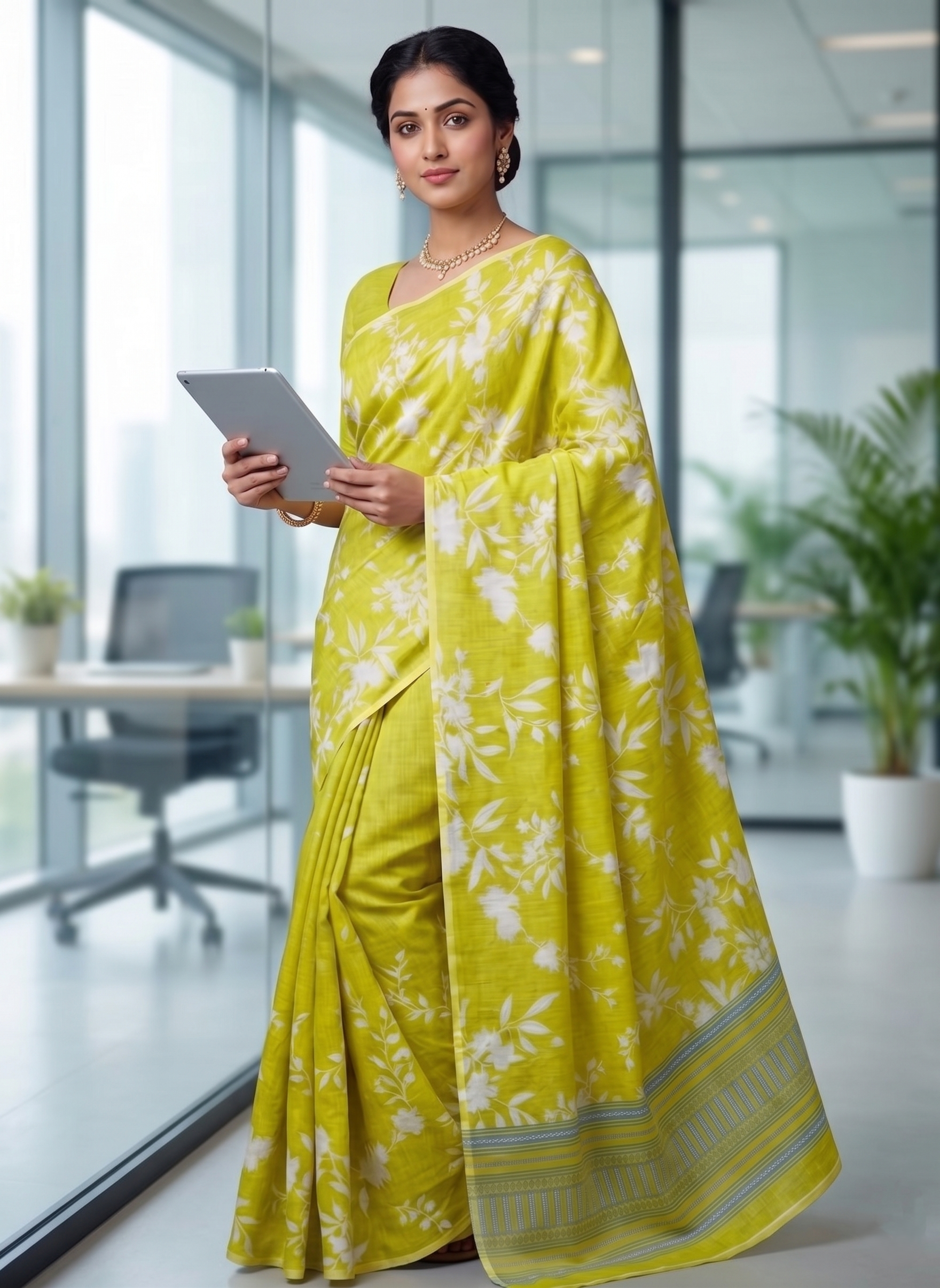 Pista Floral Cotton Linen Saree with Border Design – Magnite (SE-1116)