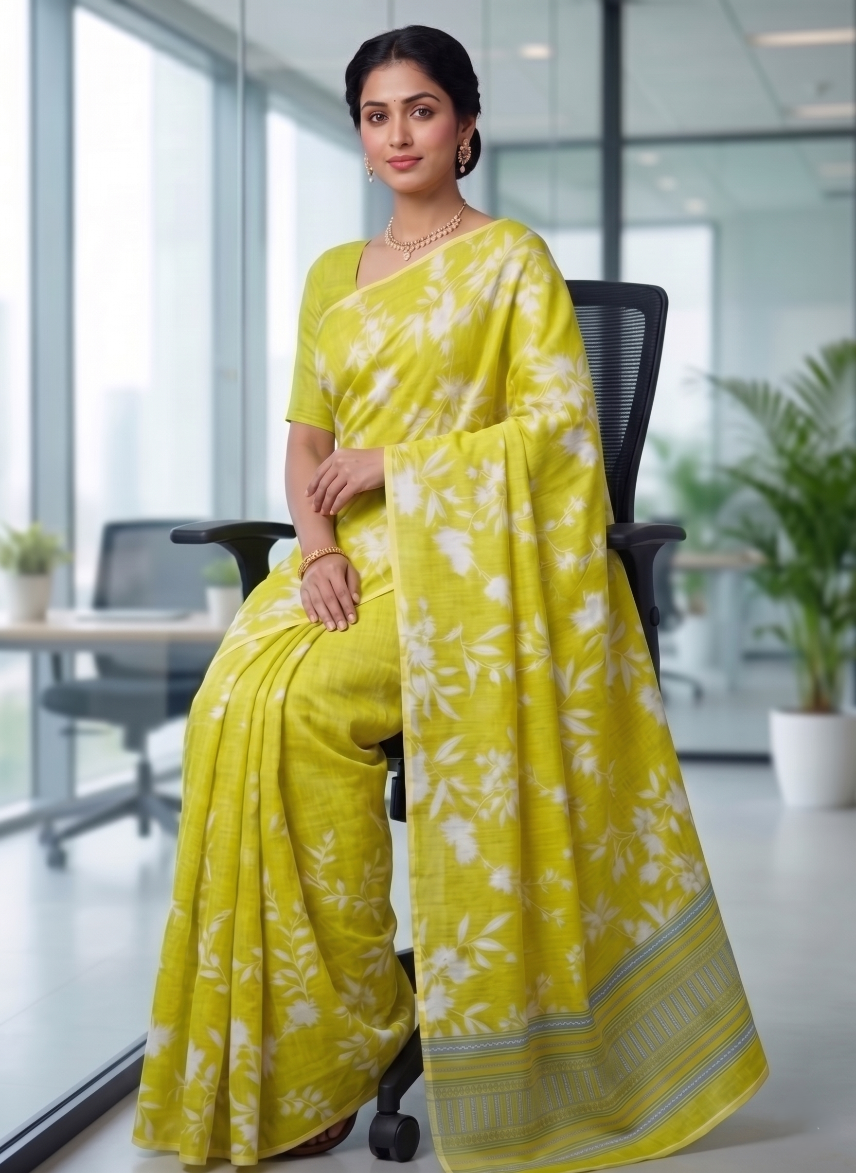 Pista Floral Cotton Linen Saree with Border Design – Magnite (SE-1116)