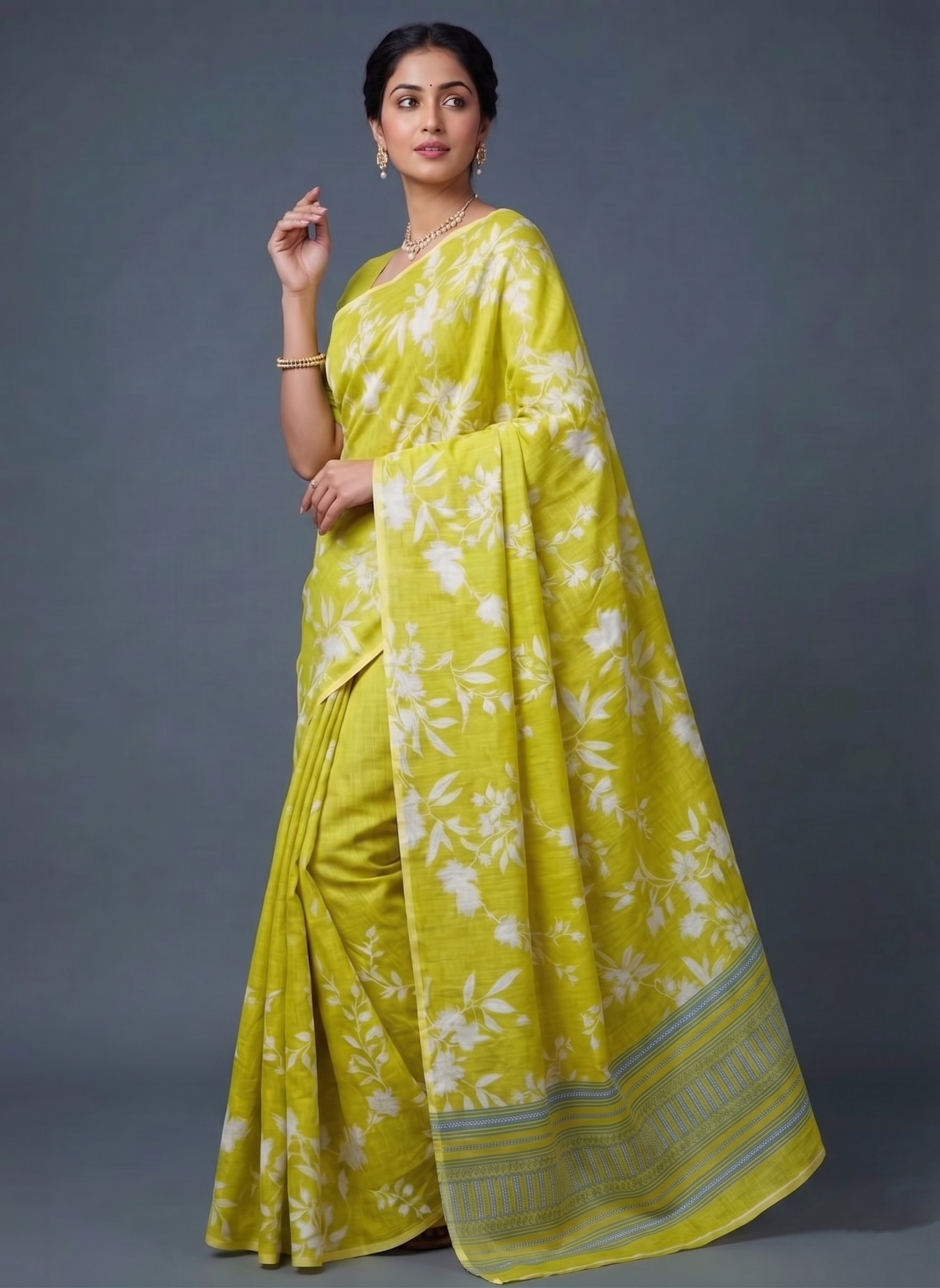 Pista Floral Cotton Linen Saree with Border Design – Magnite (SE-1116)