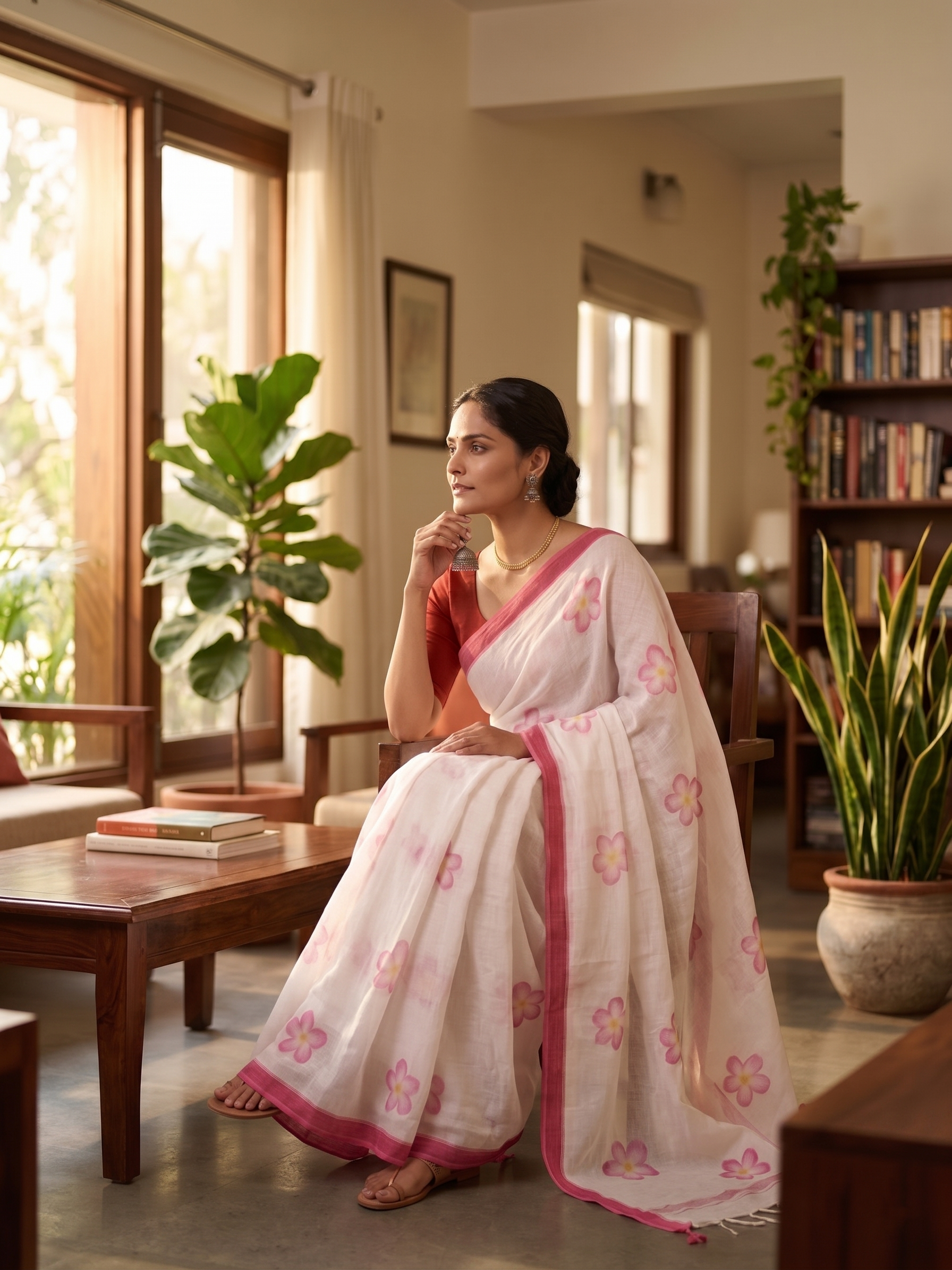 White Pink Floral Cotton Linen Saree with Border Pattern Magnite  (SE-1117)