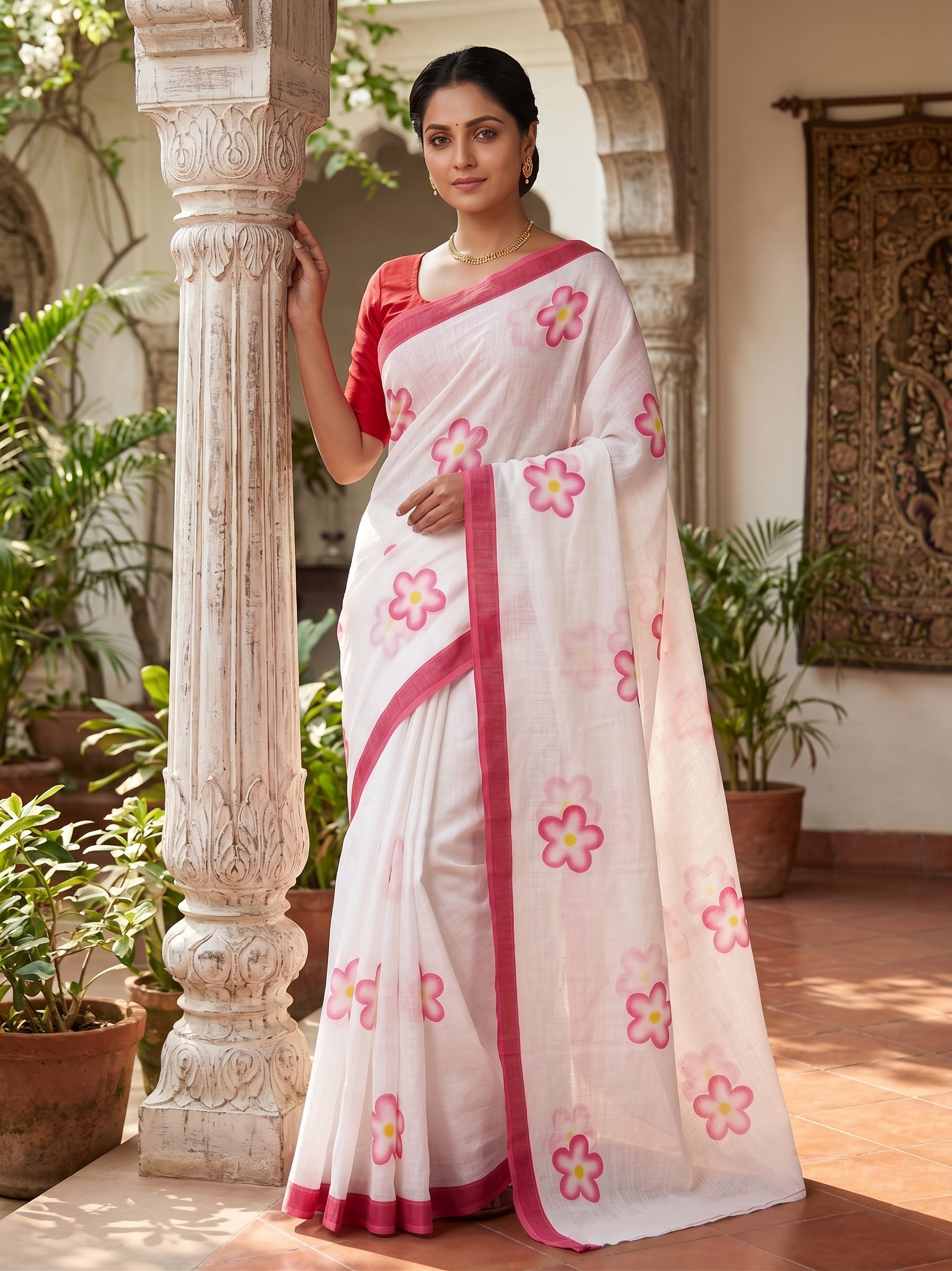 White Pink Floral Cotton Linen Saree with Border Pattern Magnite  (SE-1117)