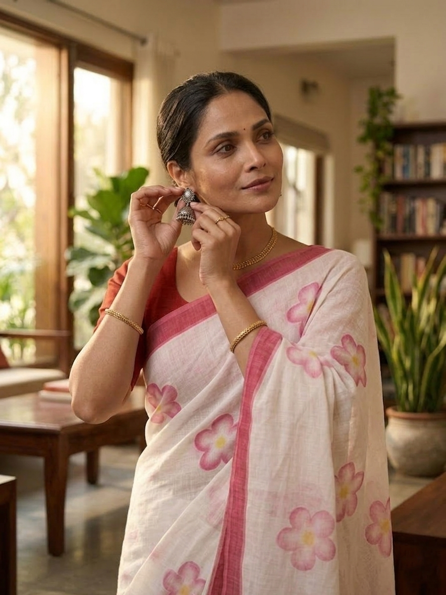 White Pink Floral Cotton Linen Saree with Border Pattern Magnite  (SE-1117)