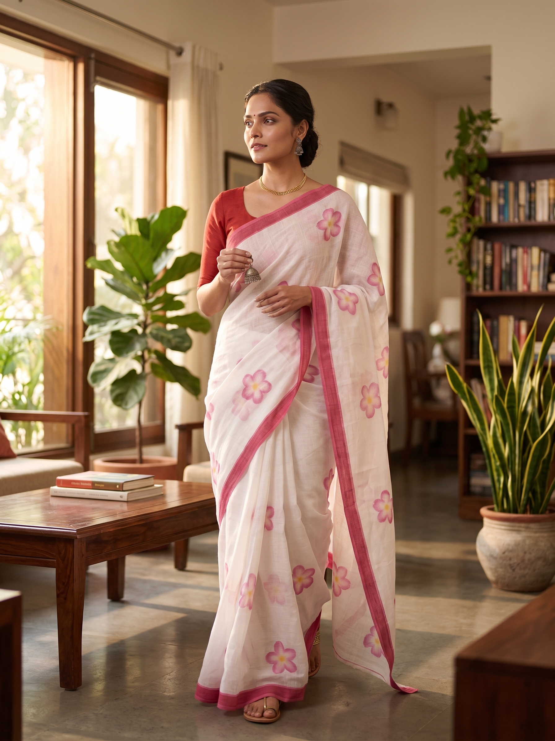 White Pink Floral Cotton Linen Saree with Border Pattern Magnite  (SE-1117)