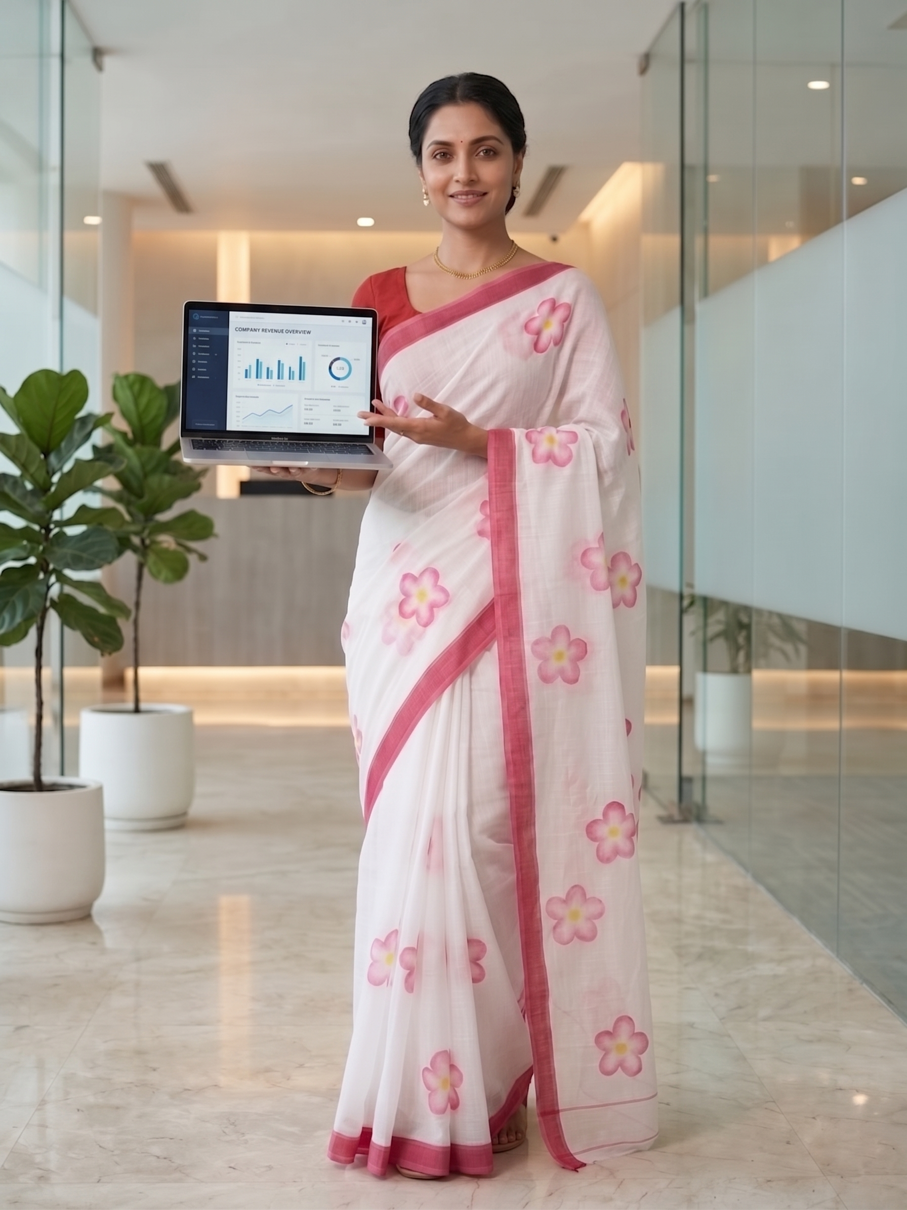 White Pink Floral Cotton Linen Saree with Border Pattern Magnite  (SE-1117)