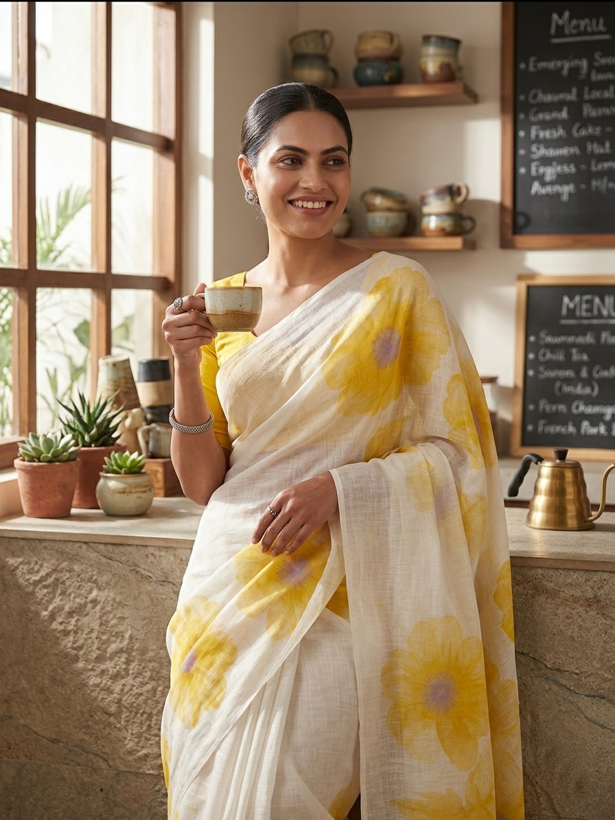 Yellow Floral Cotton Linen Saree with Blouse Piece - Magnite (SE-1118)