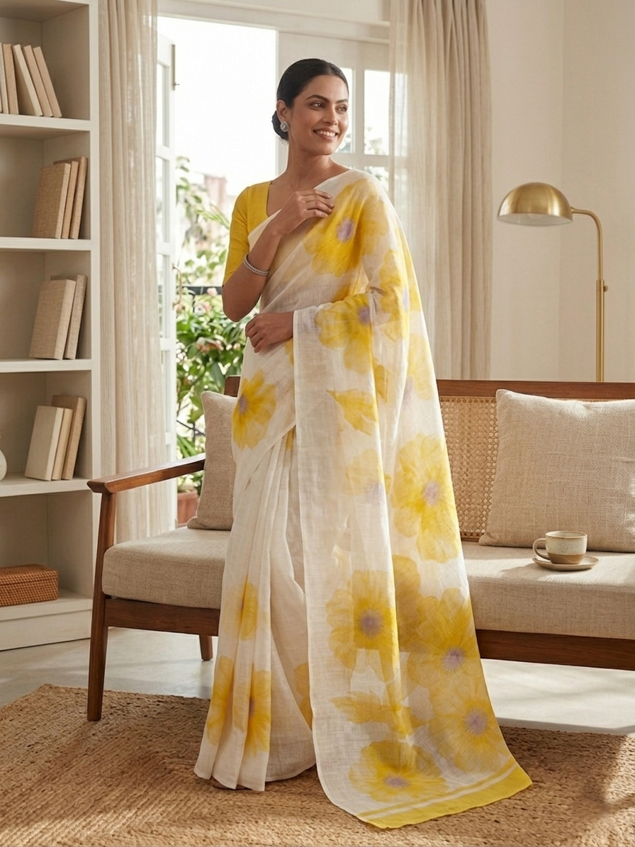 Yellow Floral Cotton Linen Saree with Blouse Piece - Magnite (SE-1118)