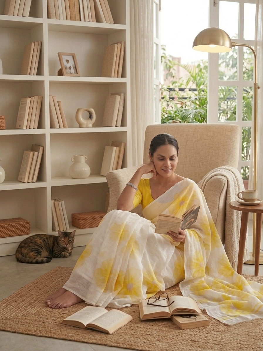 Yellow Floral Cotton Linen Saree with Blouse Piece - Magnite (SE-1118)