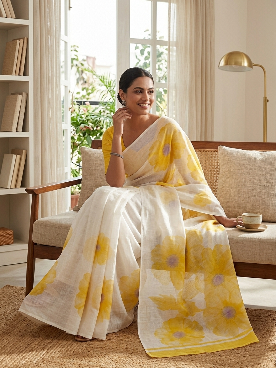 Yellow Floral Cotton Linen Saree with Blouse Piece - Magnite (SE-1118)