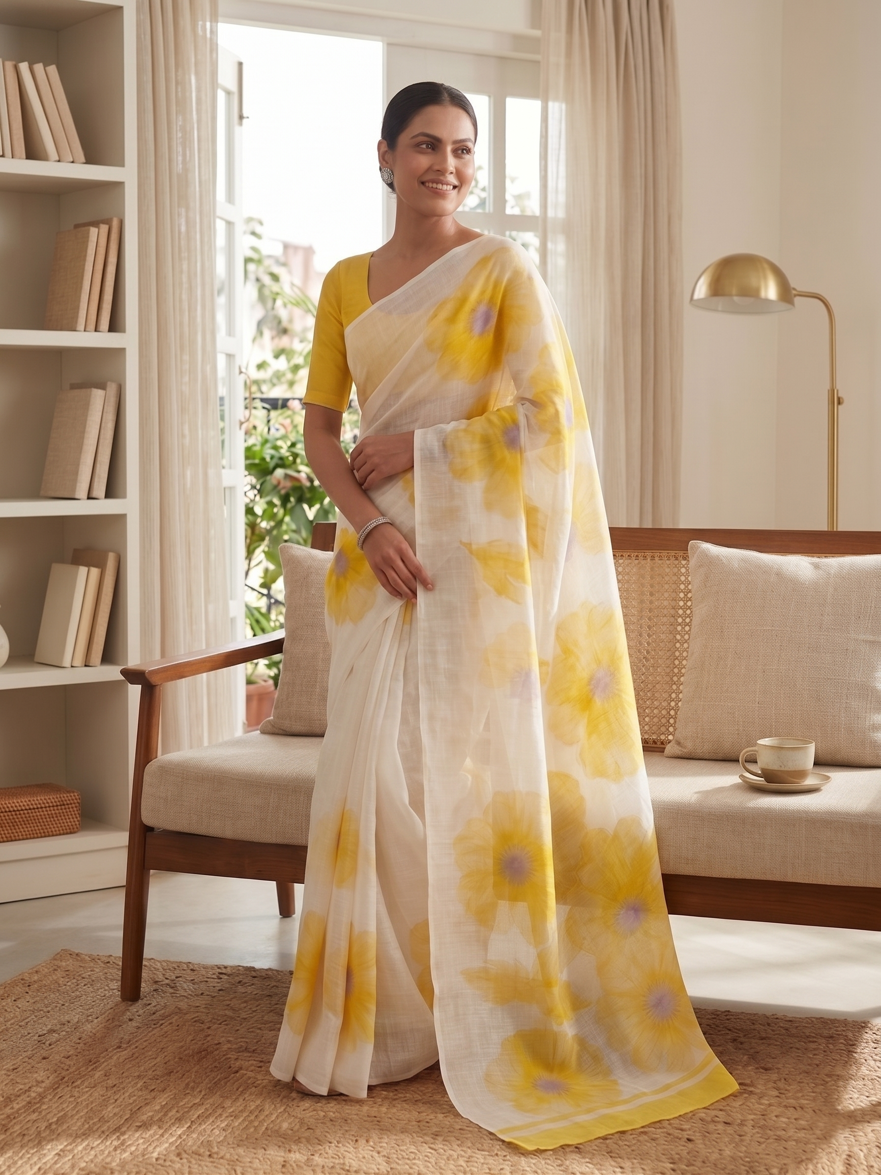 Yellow Floral Cotton Linen Saree with Blouse Piece - Magnite (SE-1118)