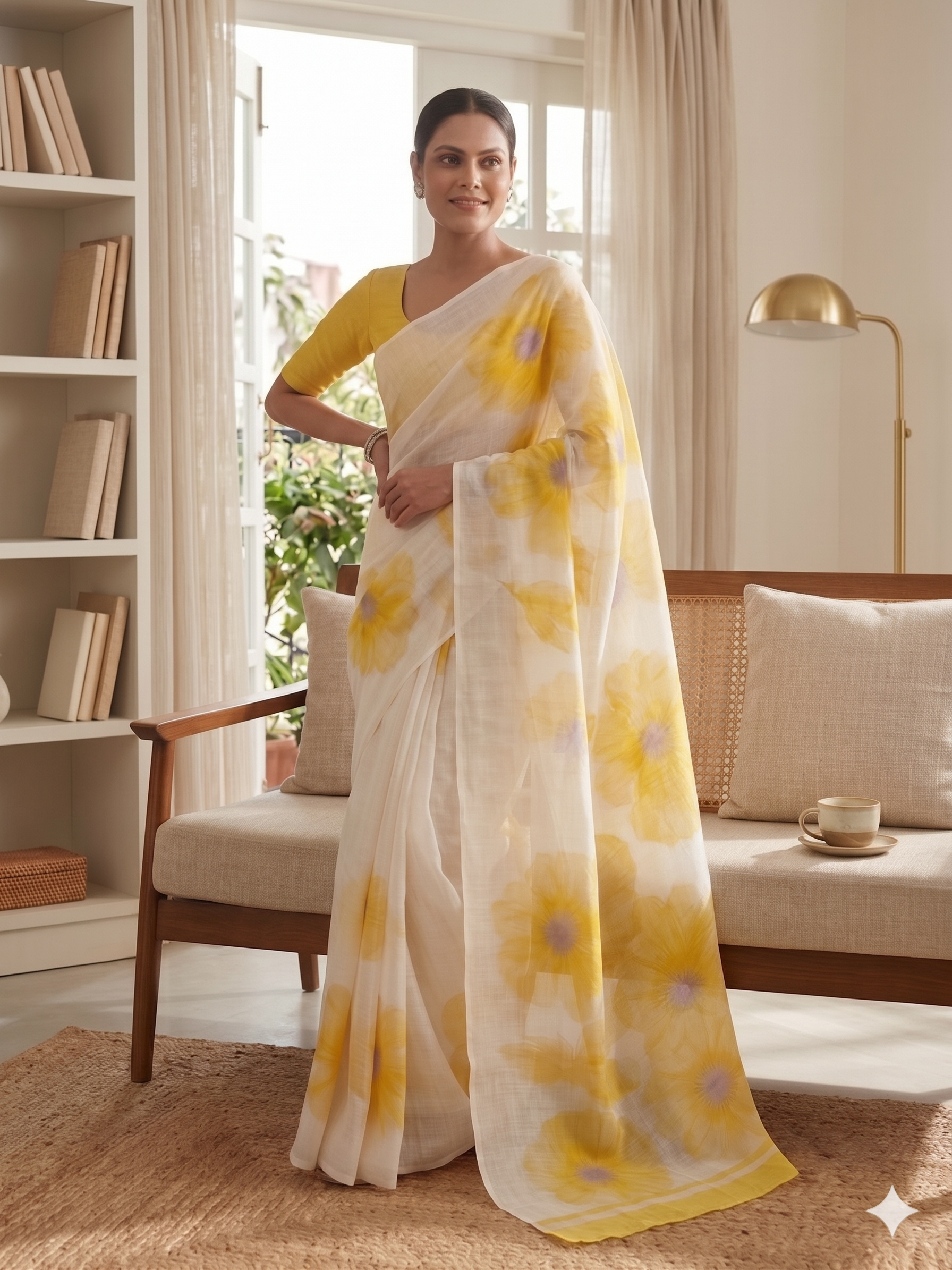Yellow Floral Cotton Linen Saree with Blouse Piece - Magnite (SE-1118)