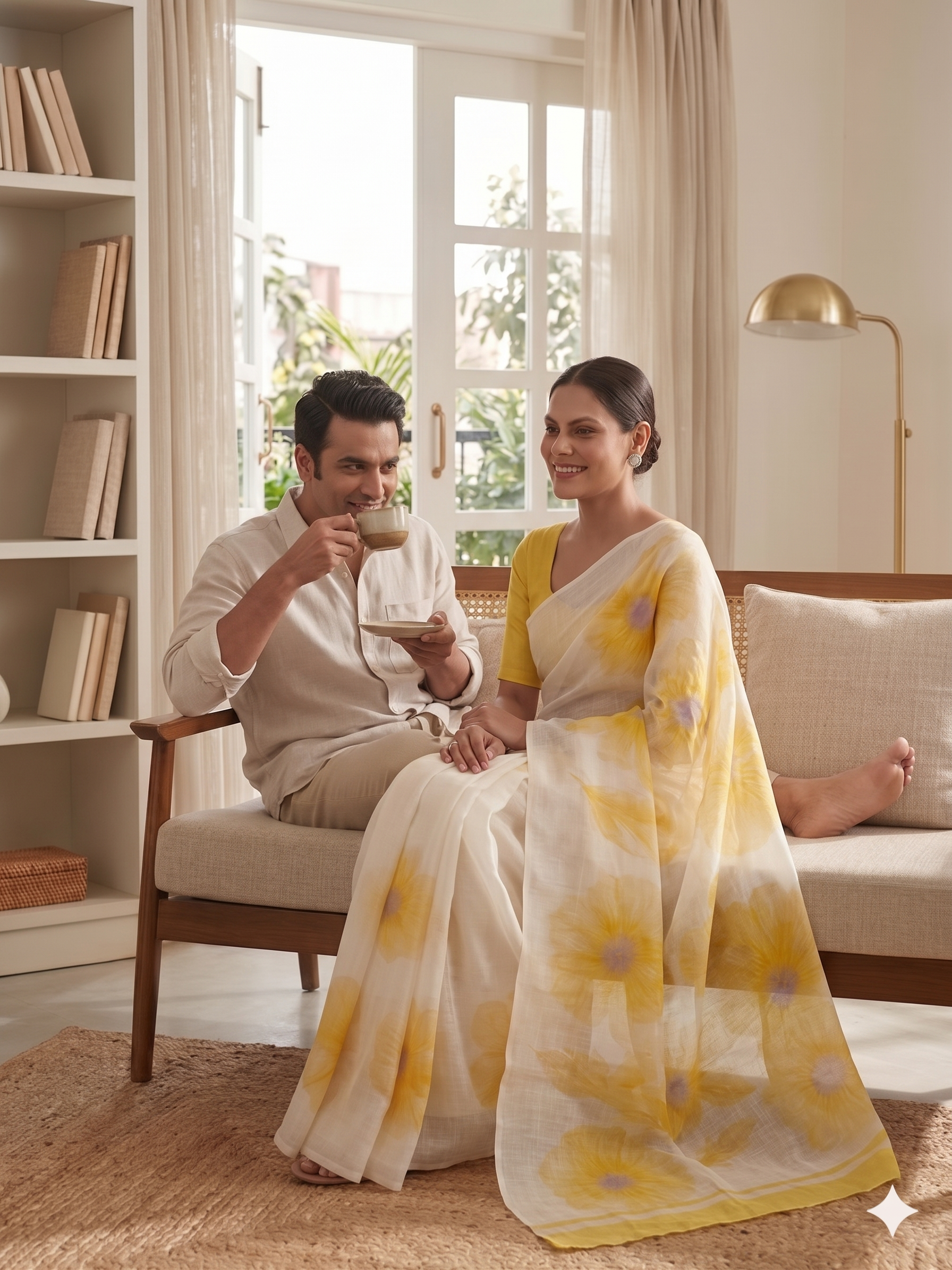 Yellow Floral Cotton Linen Saree with Blouse Piece - Magnite (SE-1118)