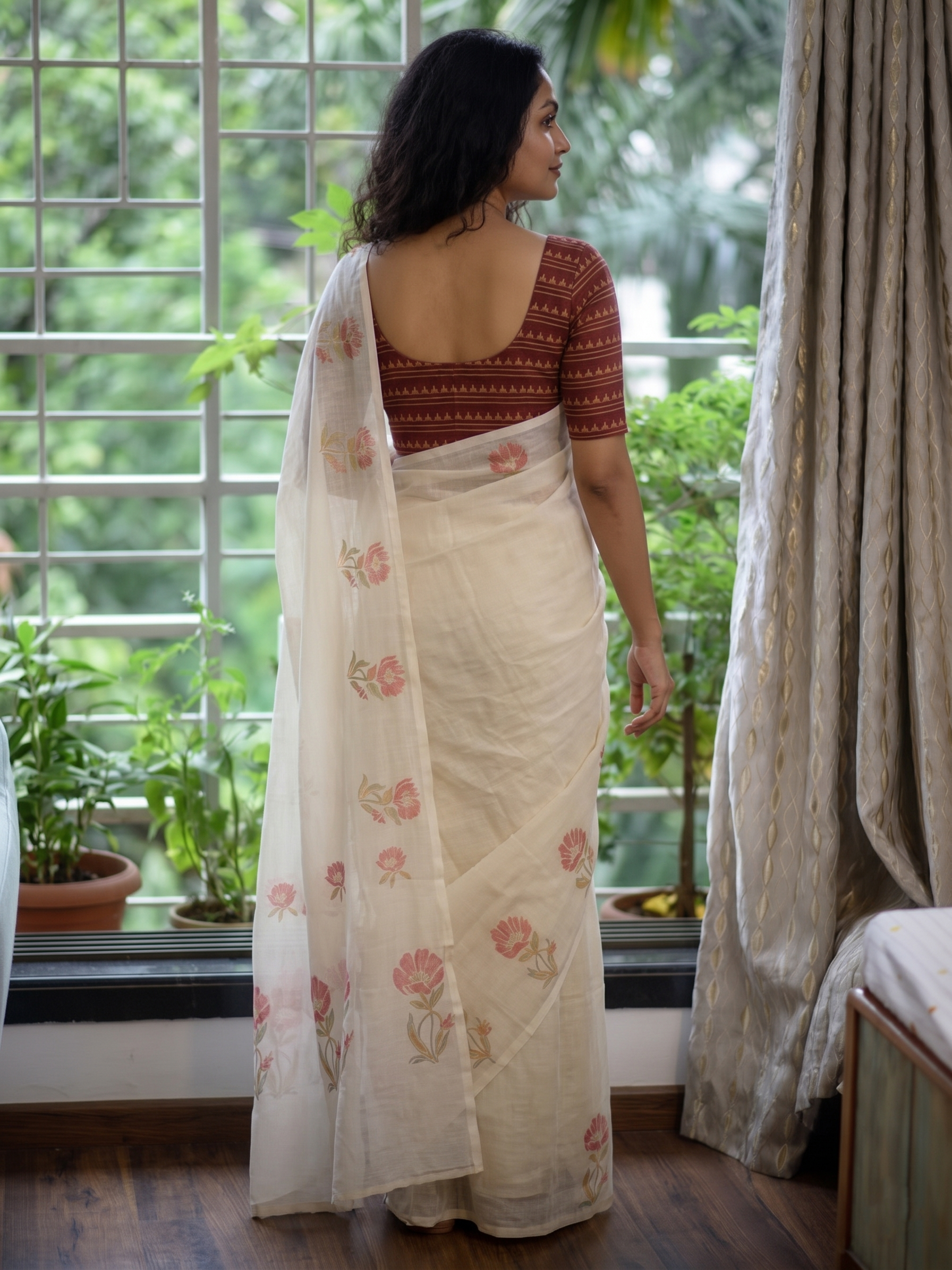 Cream Pink Floral Cotton Linen Saree with Printed Blouse - Magnite (SE-1119)