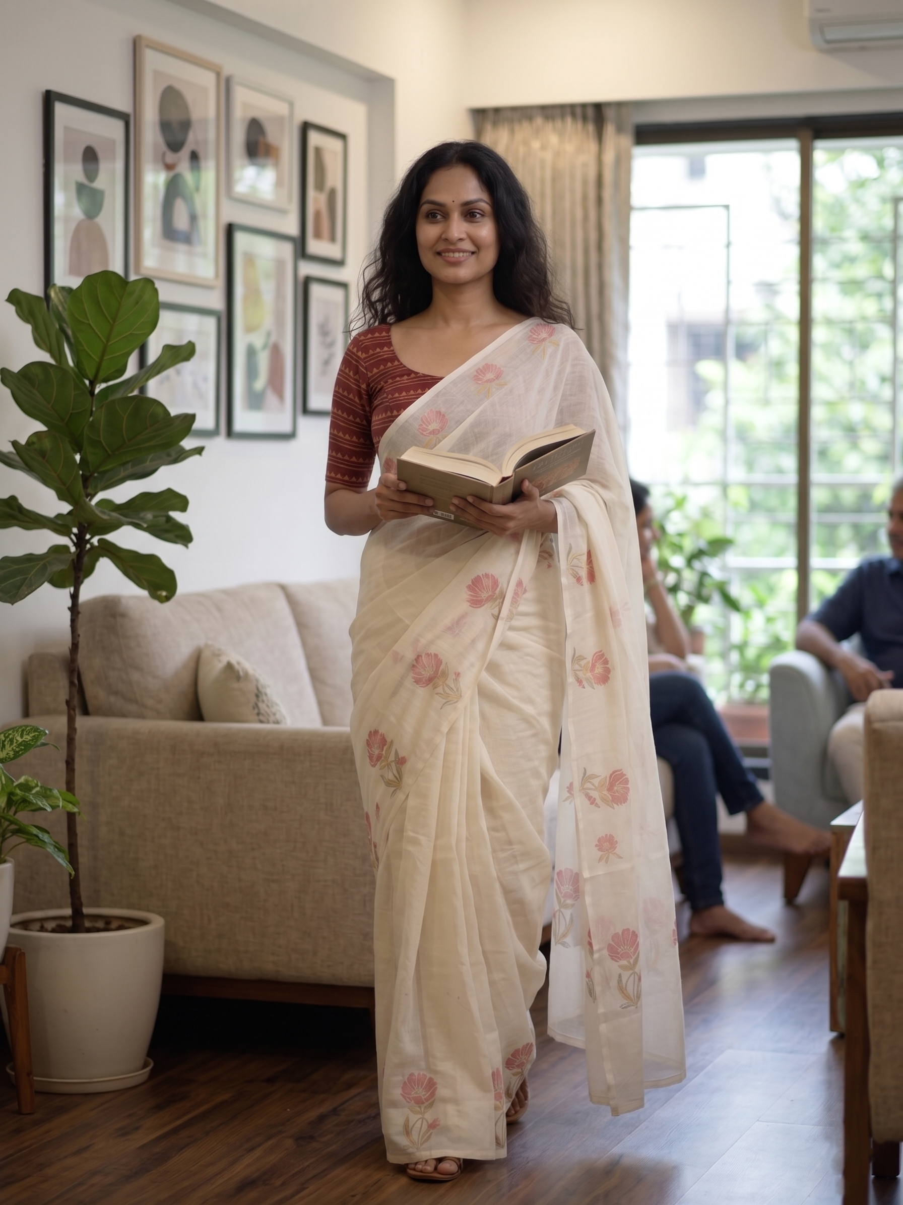 Cream Pink Floral Cotton Linen Saree with Printed Blouse - Magnite (SE-1119)