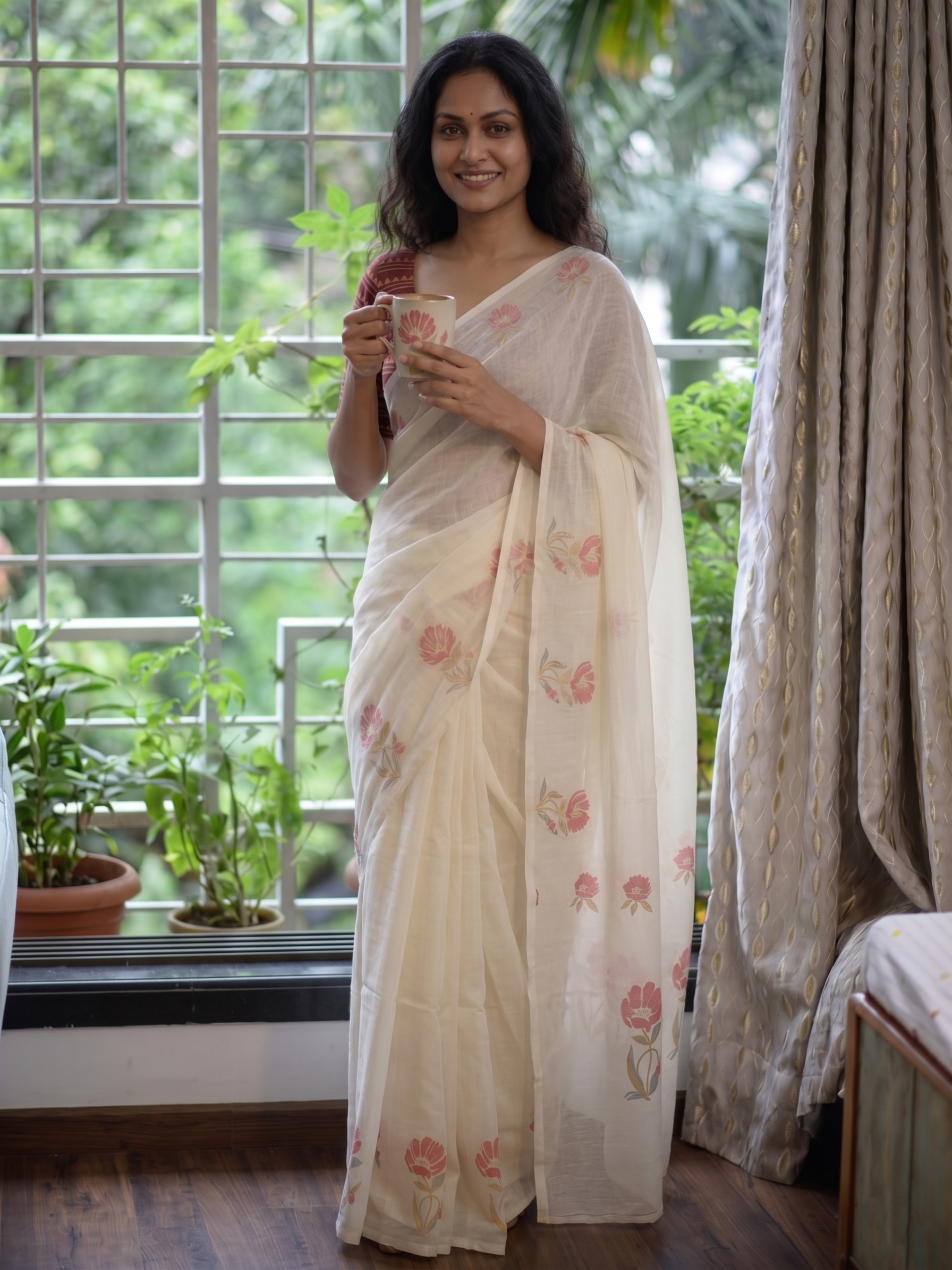 Cream Pink Floral Cotton Linen Saree with Printed Blouse - Magnite (SE-1119)