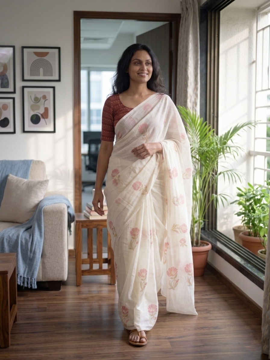 Cream Pink Floral Cotton Linen Saree with Printed Blouse - Magnite (SE-1119)