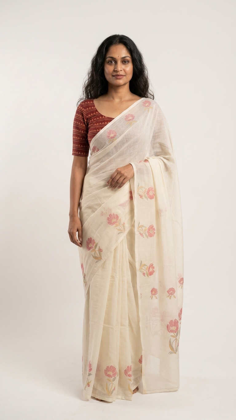 Cream Pink Floral Cotton Linen Saree with Printed Blouse - Magnite (SE-1119)