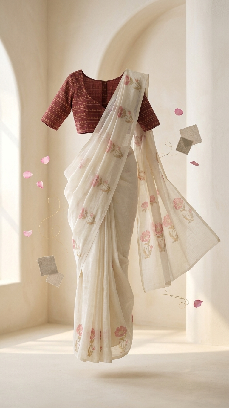 Cream Pink Floral Cotton Linen Saree with Printed Blouse - Magnite (SE-1119)