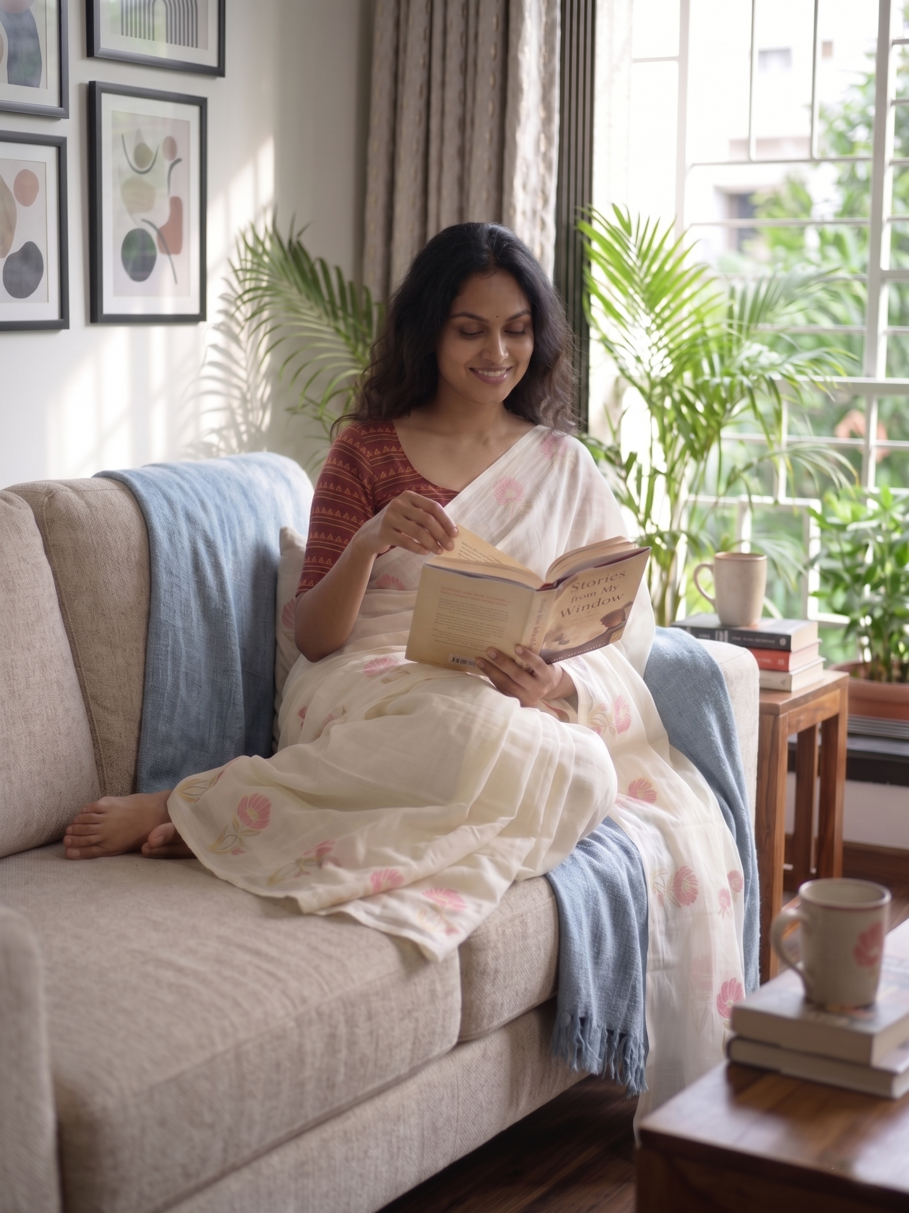 Cream Pink Floral Cotton Linen Saree with Printed Blouse - Magnite (SE-1119)