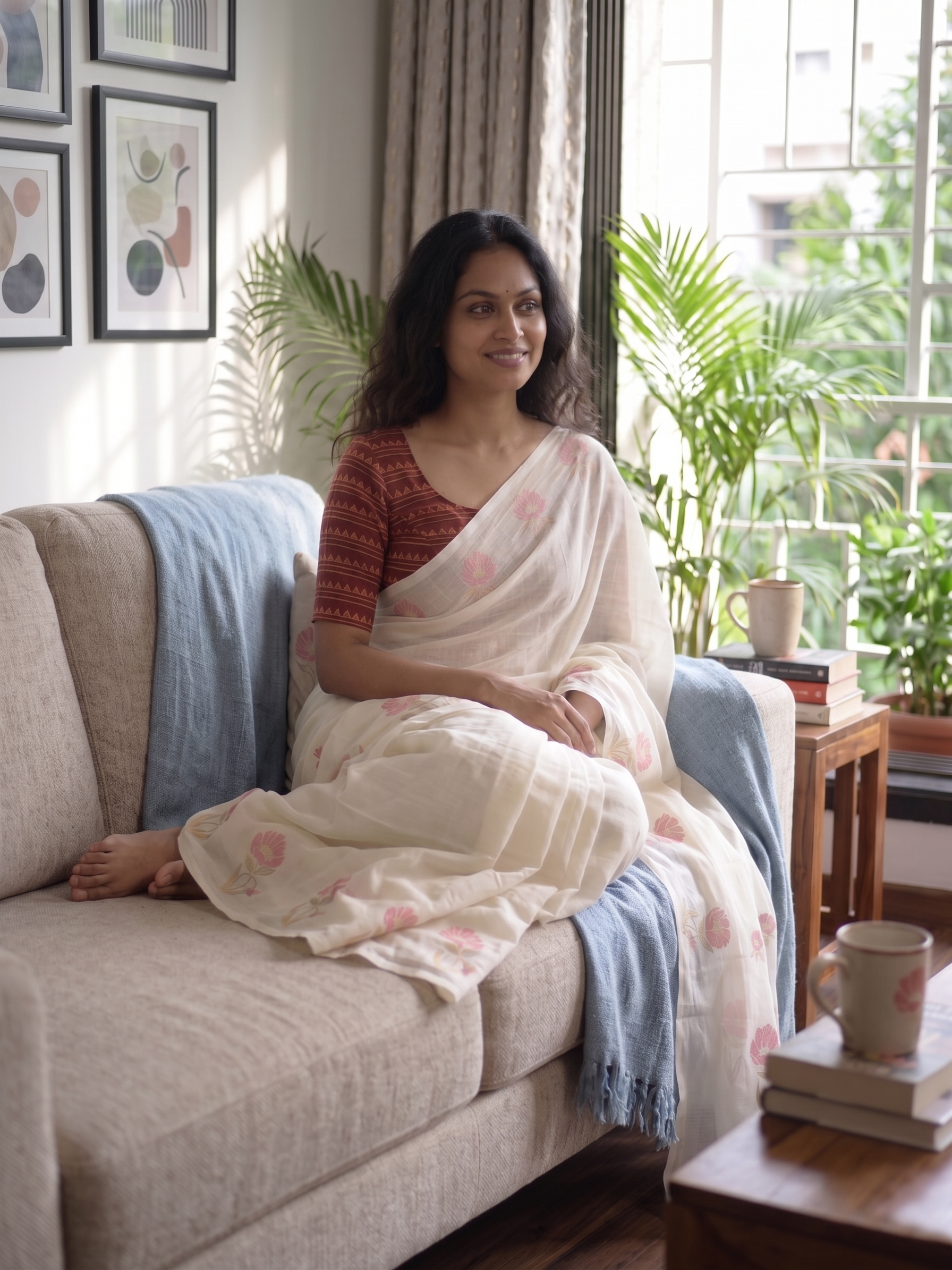 Cream Pink Floral Cotton Linen Saree with Printed Blouse - Magnite (SE-1119)